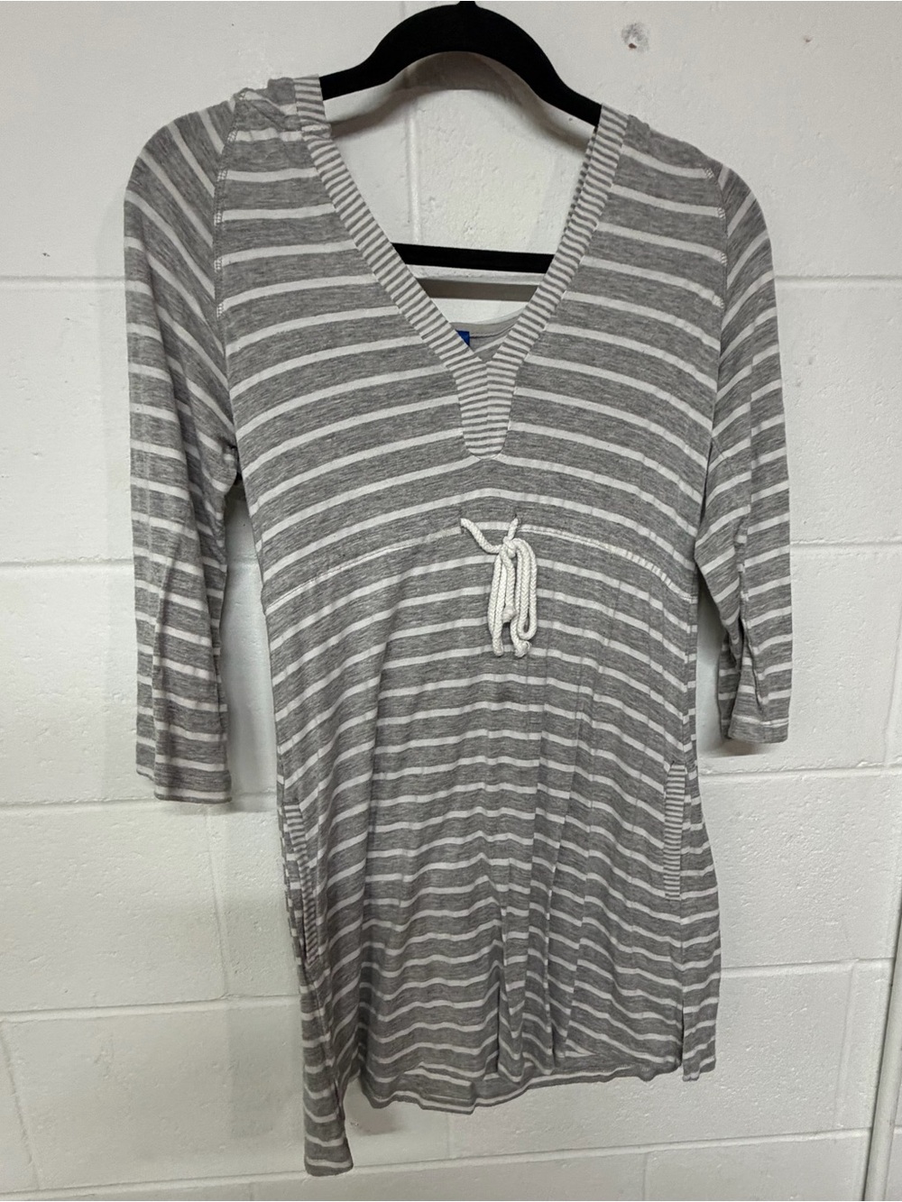 Gray & White Striped V-Neck Mini Dress with Drawstring Waist